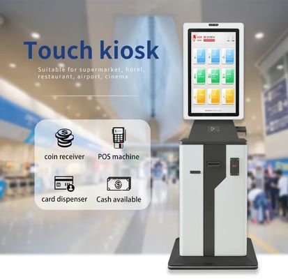 Kiosk samoobsługowy z ekranem dotykowym i możliwością personalizacji, z zmotoryzowanym podajnikiem kart i konstrukcją o niskich wymaganiach konserwacyjnych