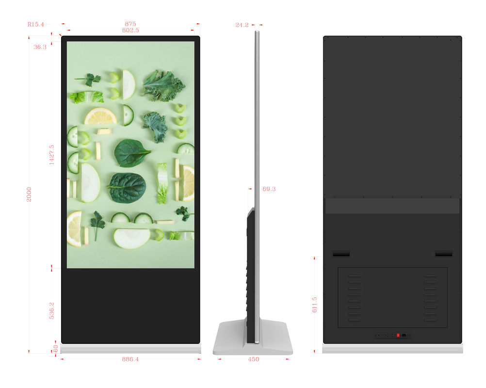 65-calowy ekran dotykowy, wyświetlacz sygnalizacji cyfrowej z wysoką jasnością LCD, podłogowy kiosk reklamowy