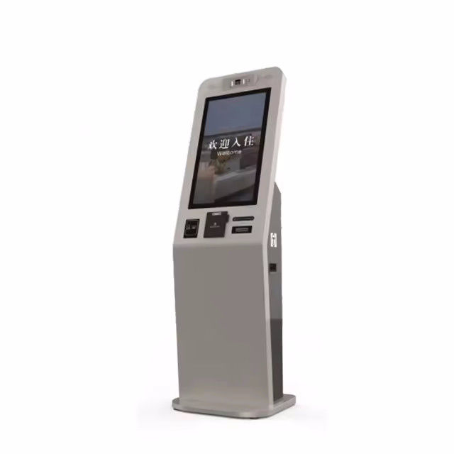 Kiosk samoobsługowy z ekranem dotykowym i zintegrowanym systemem wydawania kart identyfikacyjnych, akceptorem gotówki i wielojęzycznym interfejsem