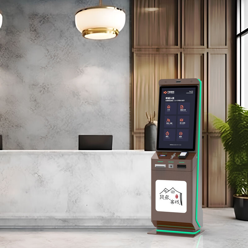 Kiosk do samodzielnej odprawy hotelowej z 10-punktowym ekranem dotykowym pojemnościowym, rozdzielczością 1920x1080 i konstrukcją wolnostojącą